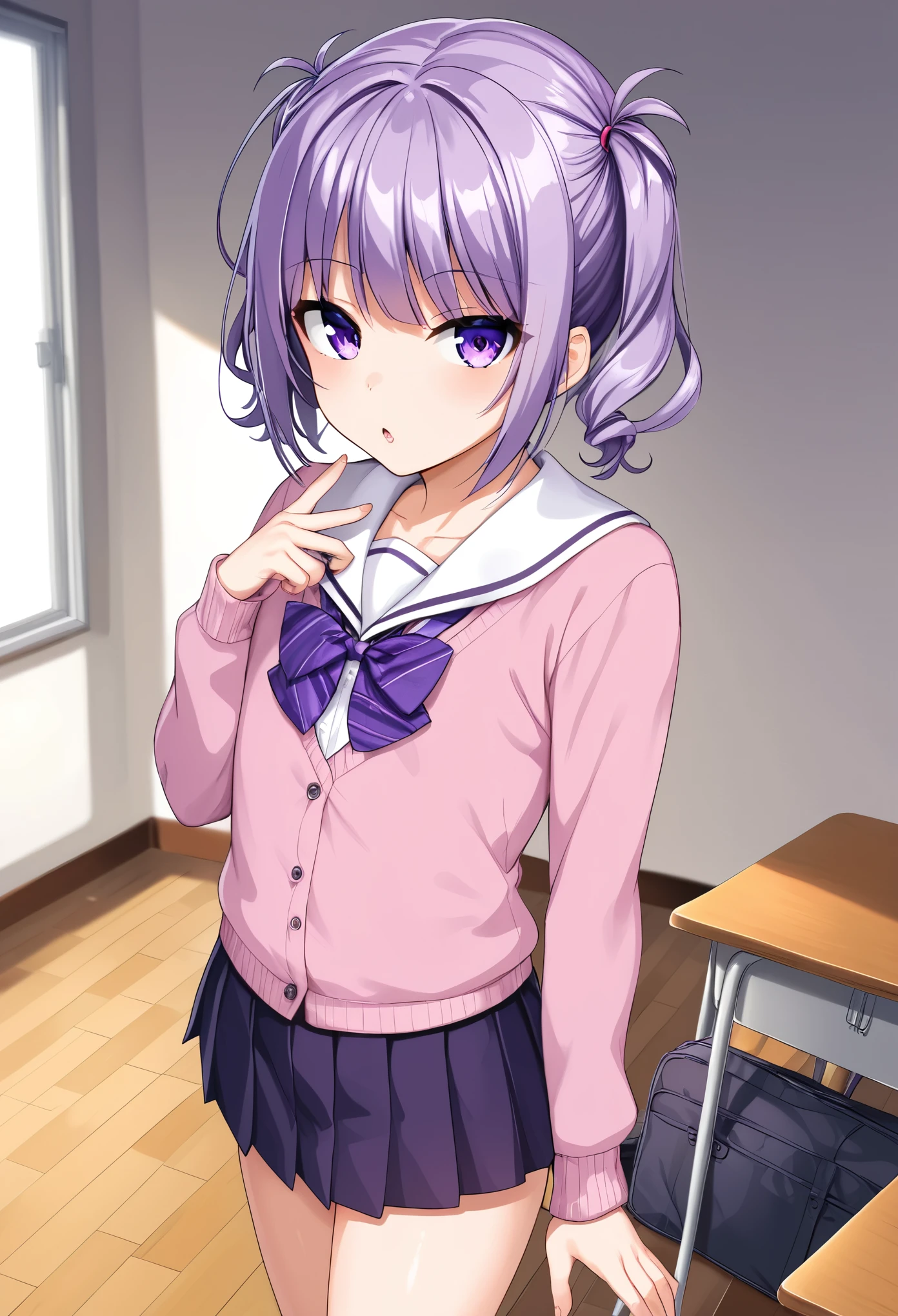 boy, femboy, purple eyes, purple hair, medium length hair, small pigtails, school scenario, pose