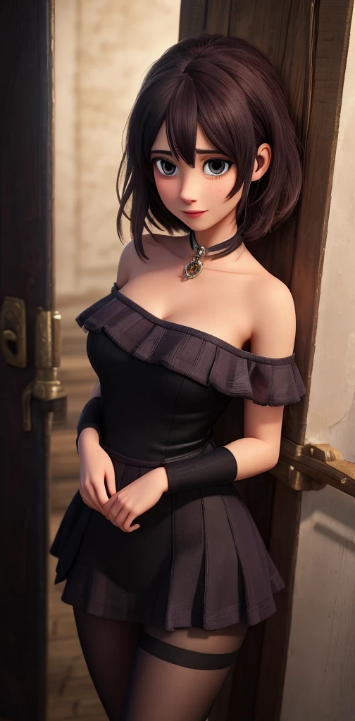 Lovely Maid Girl, ((shingle)) ((black hair)) ((Beautiful and detailed face)), Charming, sexy facial expression, is looking at the camera, ((Skin color: white)), Body glare, ((Clear eyes)), ((Beautiful Female Eyes)), ((gray eyes)), ((Perfect Sexy Figure)), ((Ideal body shapes)) ((Detailed hands)), big thighs, ((Subtle and beautiful)), ((sexy clothes: ((White Medieval Dress)) z ((black corset)) and sexy neckline, chocker on neck)), Sexy Sitting Position, ((in full height)) background: Beautiful Victorian house, Depth of field, ((ultra quality)), ((tmasterpiece)), ((clear image)), crisp details, Realistic, ((Professional Photo Session)), ((Clear Focus)), the anime, Colorfully drawn, NSFW