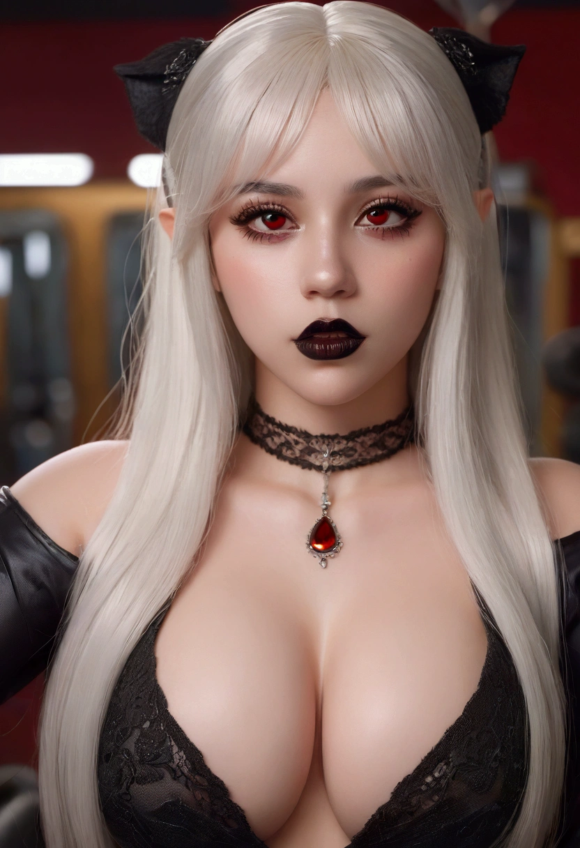 (1 goth gym girl), long white hair, black lips, beautiful detailed red eyes, beautiful detailed lips, extremely detailed face, long eyelashes, elfa, realistic, hyper detailed, intricate details, digital painting, masterpiece, 8k, ultra-detailed, photorealistic, cinematic lighting, warm color palette, soft lighting, natural lighting, serene atmosphere, goth makeup, big oiled breasts, high heels, ripped black stockings, ((thick thighs)), ((wide hips)), ((slim body)), ((small waist )), showing ass, big round ass, looking at camera