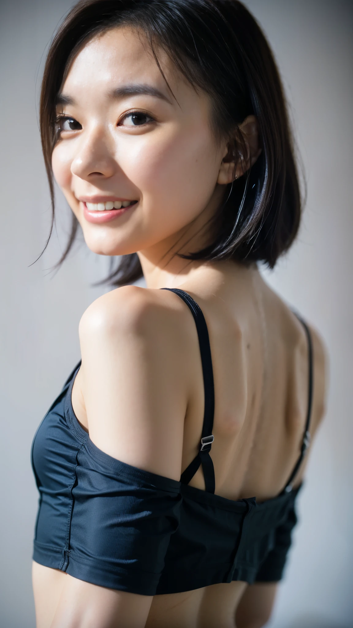 Best Quality,masterpiece,Ultra-high resolution,High-definition RAW color photos,Professional photos,Natural skin texture,Fine skin, hyperrealism, Japanese Woman ,Short black hair,(arms behind back,smile,red and grey sports bra,face focus,Close-up of face)