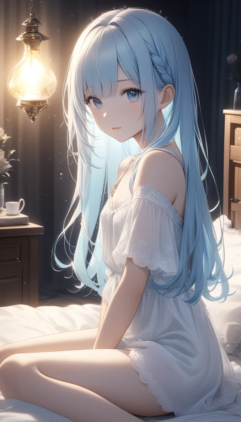 ((masterpiece, highest quality, very detailed, disorganized)),masterpiece, highest quality, very detailed, (figure, official art:1.1), 1 girl Blunt bangs,(((( light blue long hair)))), light blue hair, fantasy,10 years old, long hair ((blush)) , cute face, Big eyes, masterpiece, highest quality, young 1 girl,,((straddle pillow)),,(((((very delicate and beautiful girl))))),,wonderful,beautiful and fine eyes 、 masterpiece, highest quality, 1 girl, (From the side:1.3), (look up:1.2), chest, (Touch:1.2), (blush), (nose blush), bangs, sitting, (wariza:1.3), (close your eyes), ignored, (See-through:0.8), open your mouth, thighs, side parlor, (barefoot), (Masturbation Bation:1.2), (Girl trembling with climax:1.3), on the bed, whole body, (Sweat:1.3), vapor, Beautiful glowing skin, Coquettish skin,