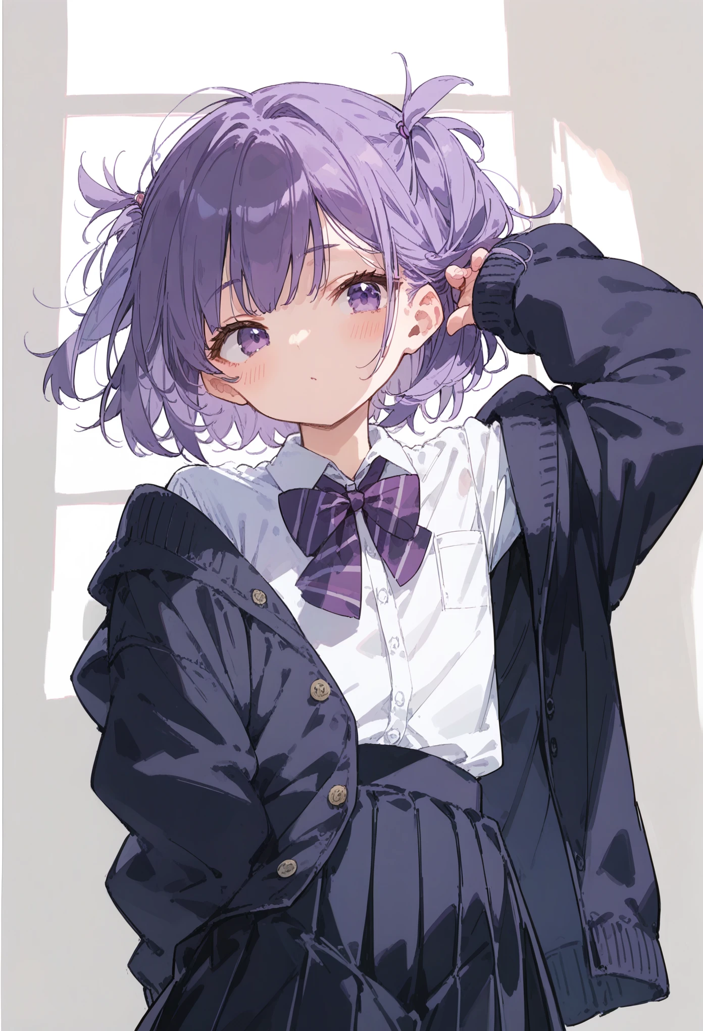 boy, femboy, purple eyes, purple hair, medium length hair, small pigtails, school scenario, pose