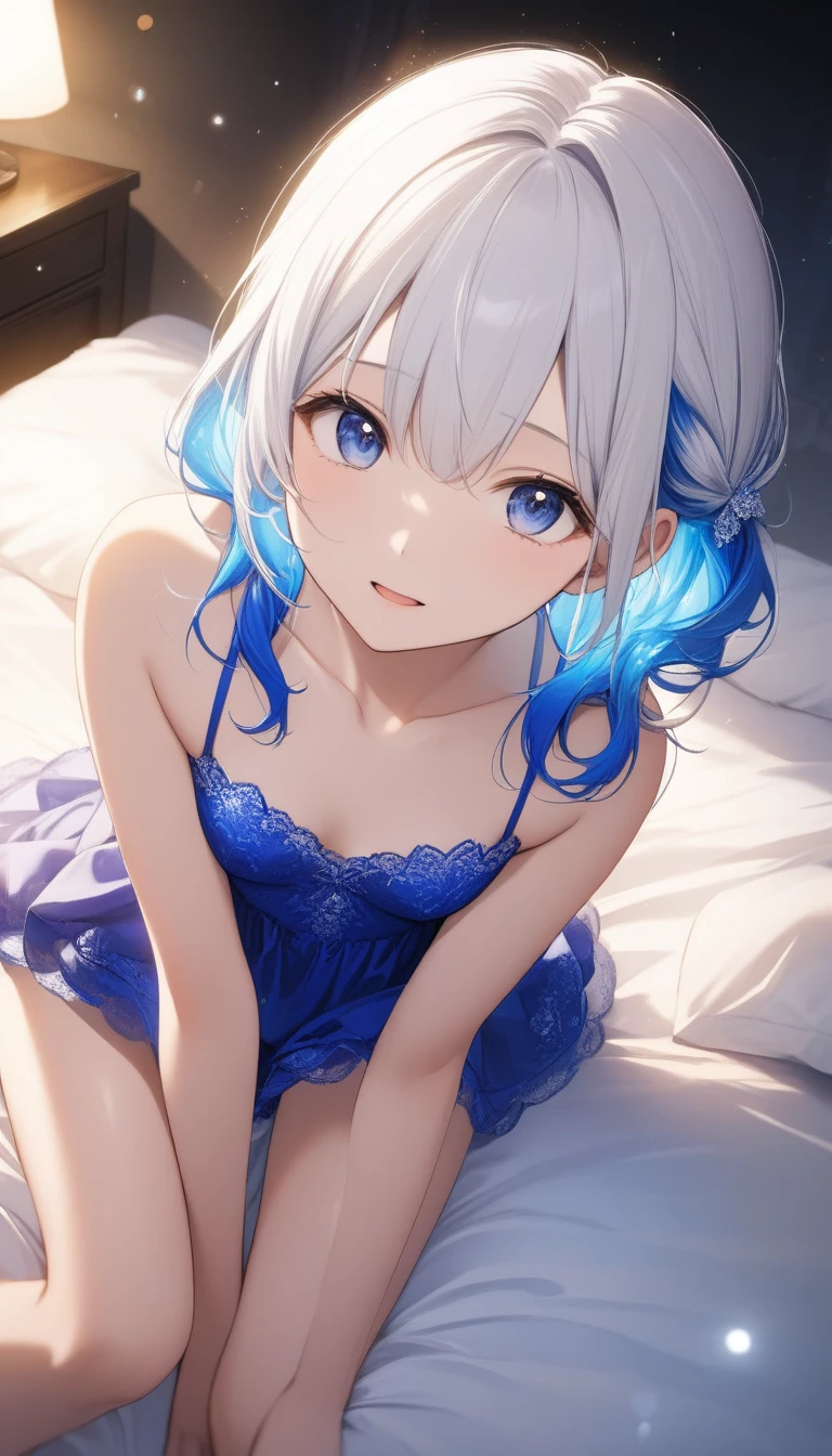 Ayaka, Long Blue Hair, Beautiful Face,smile,Close up to the hips, Mid-chest, Sit on the bed, Beautiful white pajamas, (Open your mouth:0.4),figure,Detailed Texture(Realist),Super detailed,Portrait Style,Vibrant colors,Soft lighting, Blushing, mature, No bra