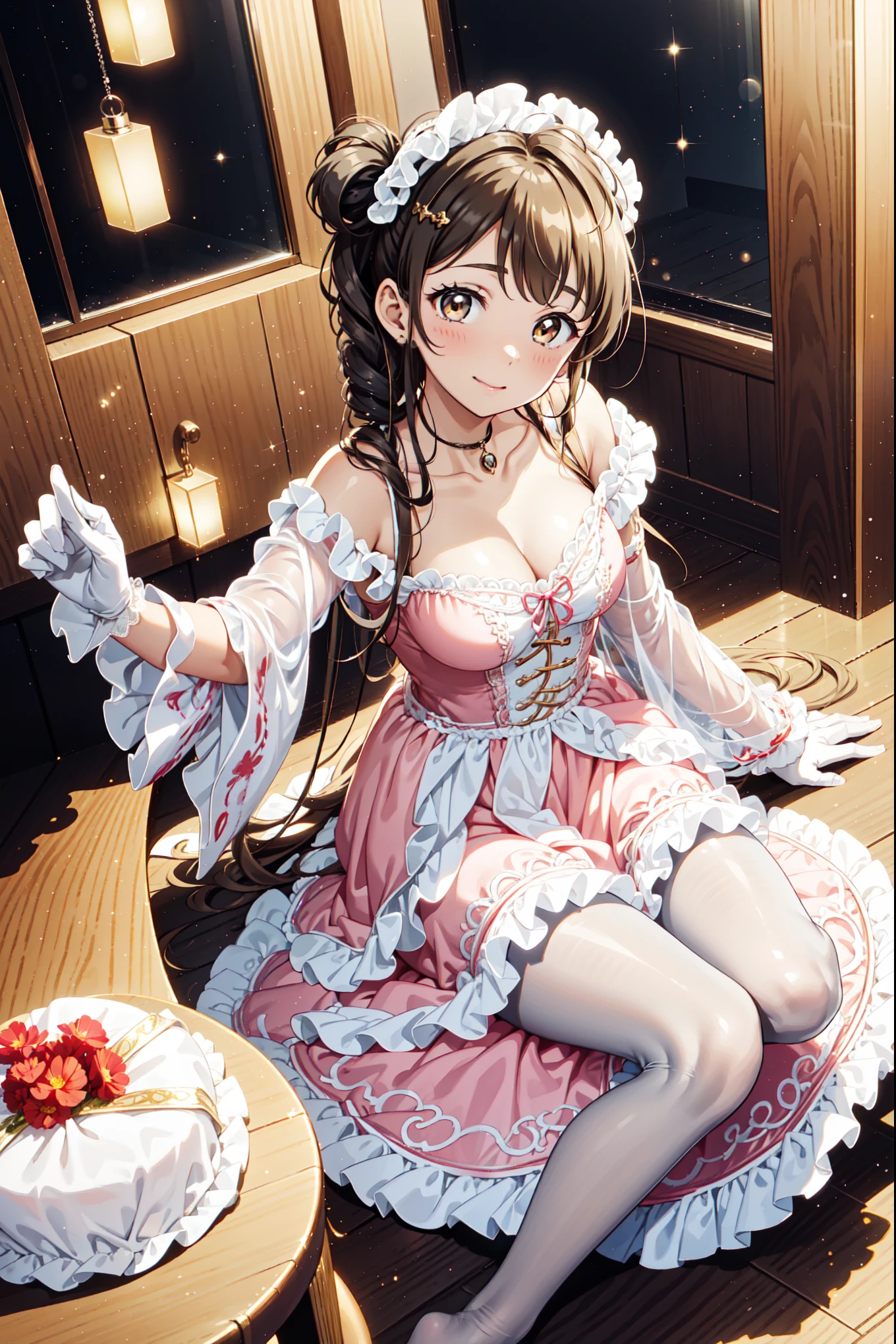 Teen Girls，，have fun，in love，(Girl in white modern shirt and robe，Wearing pantyhose:1.2)，(Black Ruffle Bow Gloves)，Lace，Wrinkles，Bubble Skirt，Lovely decoration，Brown hair，Golden Eyes，White hair sacred headdress，透明Lace，Exquisite clothing，Alone，Mysterious room，(night:1.1)， Delicate and Beautiful Face ，Special hairstyle,Slightly curly hair，Reasonable human body