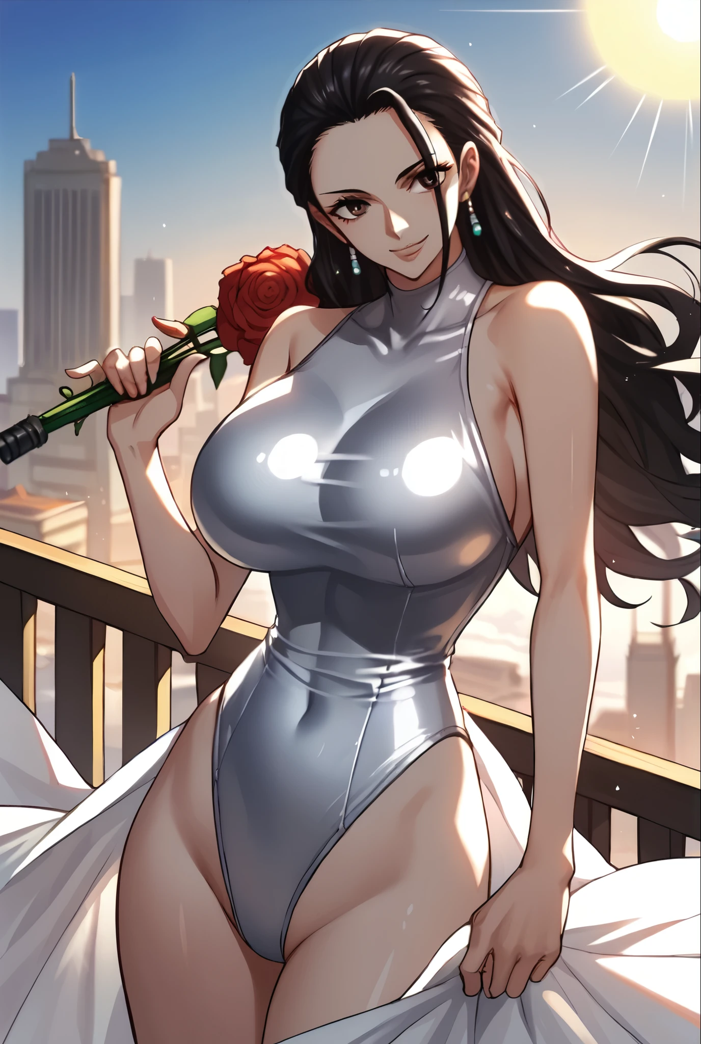 score_9, score_8_above, source_anime ROMPE en sunitario, looking at the viewer, COWBOY SHOT,
violaop, brown eyes, black hair, long hair, hair slicked back, earrings, by the flower, silver swimsuit, , silver latex swimsuit, jewelry, , , smile, curvilinear, Big breasts, 
city, arena, , sun, sunlight,sexy