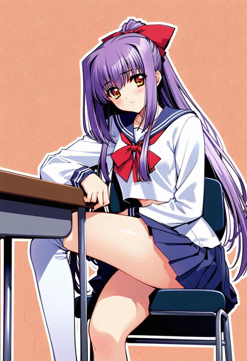 Suzuna Kuraki, 1 girl,Alone,、(Sailor suit、Navy Skirt)、Long Hair, ponytail,Red ribbon,(Purple Hair),,Orange Eyes,classroom:1.2、Sit on a chair、Cowboy leg shot、