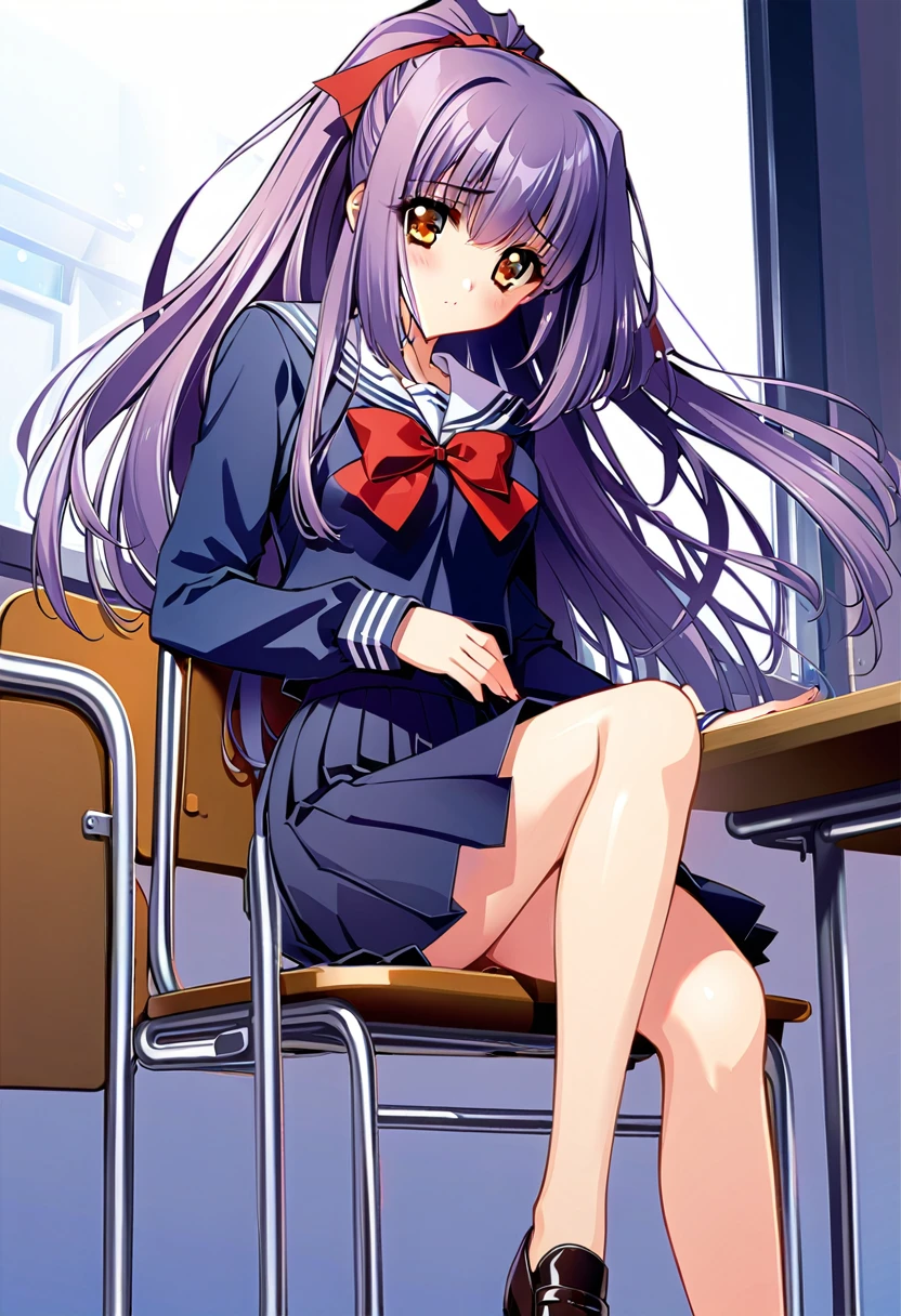 Suzuna Kuraki, 1 girl,Alone,、(Sailor suit、Navy Skirt)、Long Hair, ponytail,Red ribbon,(Purple Hair),,Orange Eyes,classroom:1.2、Sit on a chair、Cowboy leg shot、