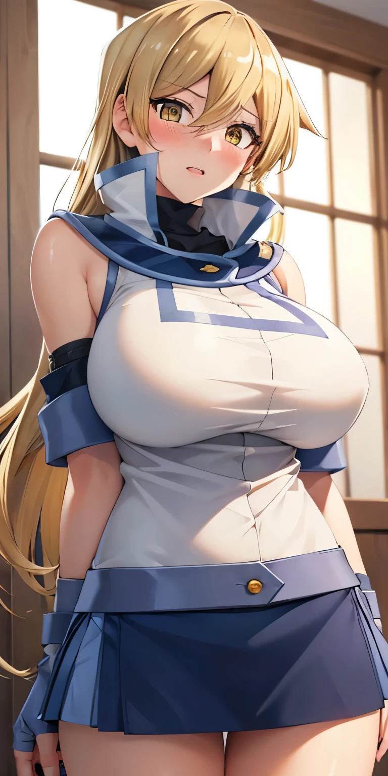 1 Female,High definition,high resolution,Ultra-realistic,8K, ta1,blonde hair,long hair,yellow eyes, white jacket, sleeveless, blue skirt,tight skirt , miniskirt,fingerless gloves, large breasts,European,sexy,Upper body close-up,Photographed from the front,Dynamic Angles,(blush), (huge tits) 