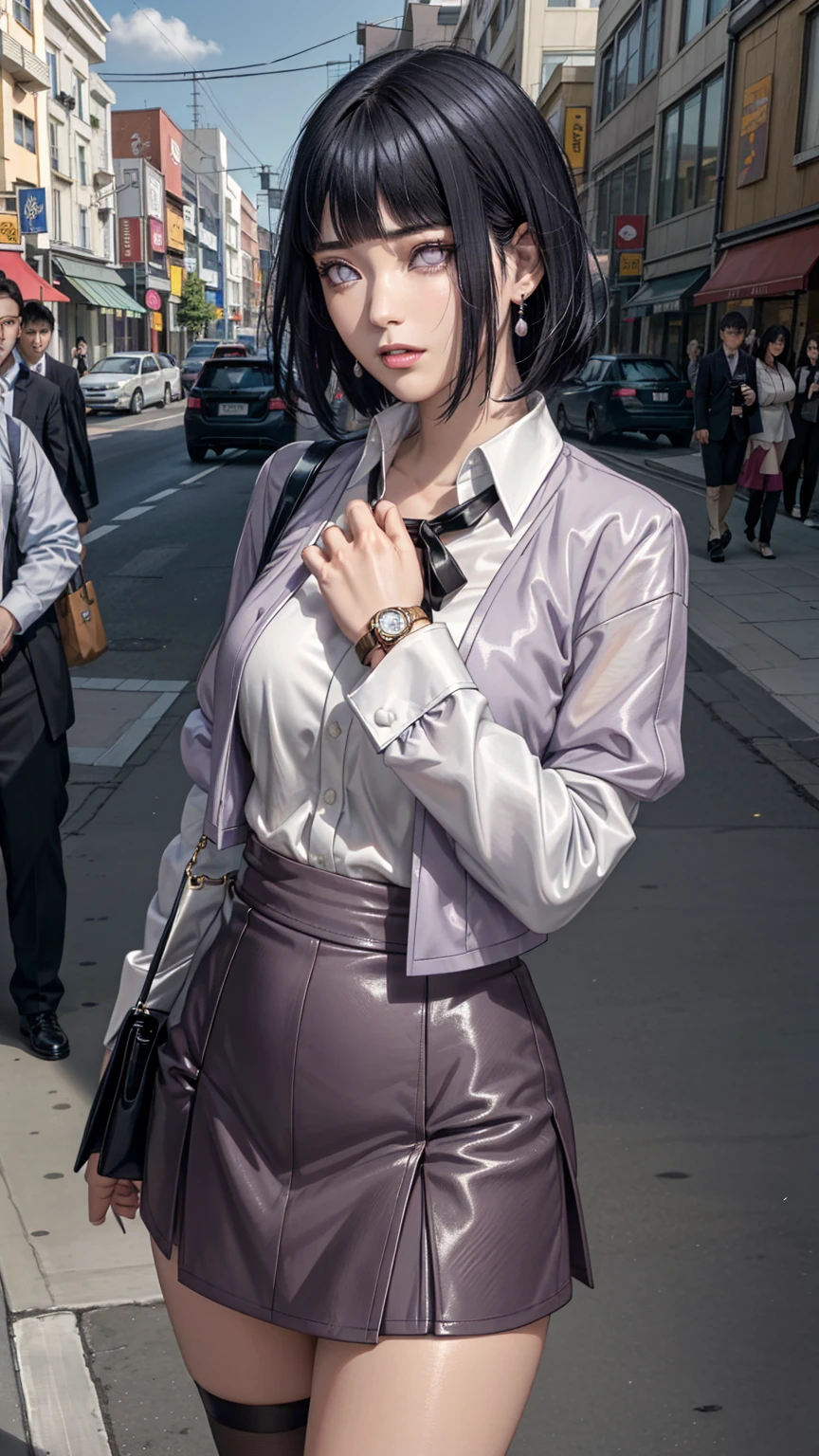a beautiful girl with a beautiful face and blue hair, standing in front of a cityscape. She is wearing a black formal blazer and a short skirt, showcasing her medium breasts. The scene is captured in high resolution, with photo realistic details and rim lighting. The skin is highly detailed, and the image is in 8k UHD, taken with a DSLR camera. The bokeh effect adds to the beauty of the image, which is of the best quality and a true masterpiece. The girl has the best ratio of four fingers and one thumb, and she looks cute and kawaii, like an ulzzang.