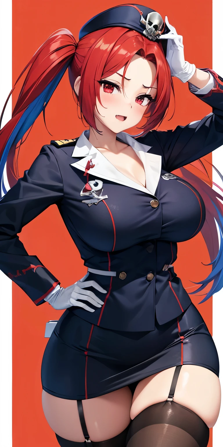 1 Female,High definition,high resolution,Ultra-realistic,8K, 1girl, solo, red hair, red eyes, twintails, employee uniform, pencil skirt, skull print, navy cap, fang, black legwear, white gloves, large breasts,European,sexy,Upper body close-up,Photographed from the front,Dynamic Angles,(blush), (medium tits) , multicolored hair ,(hands on hips)