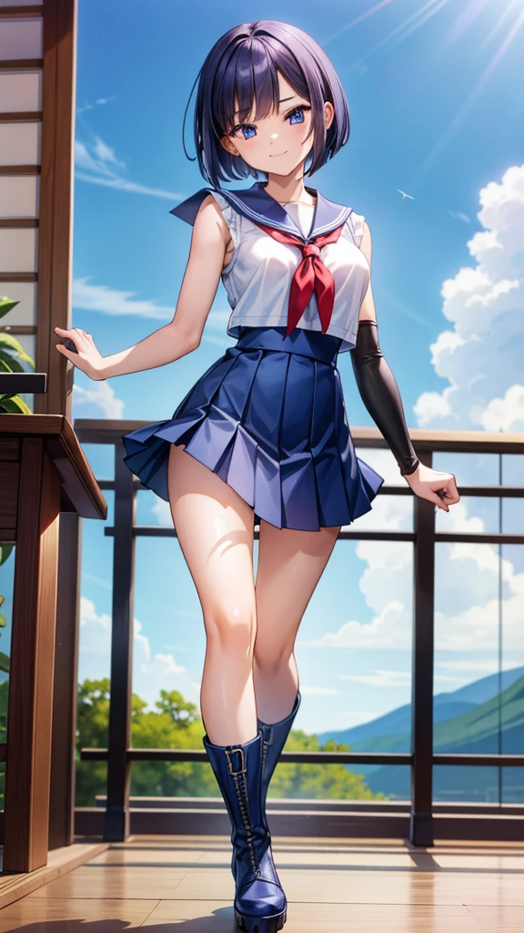 masterpiece, highest quality, High resolution, Realistic, Show more1, tiara, Sailor Warrior Uniform, Blue Skirt, Blue sailor collar, tiara, bow, Knee Boots, choker, White gloves, blue choker, elbow gloves, jewelry, Earrings, Pleated skirt, Cowboy Shot, night, ((The background is output randomly.:1.3)), Arms above head, Angle from below, ((Showing panties:1.3))