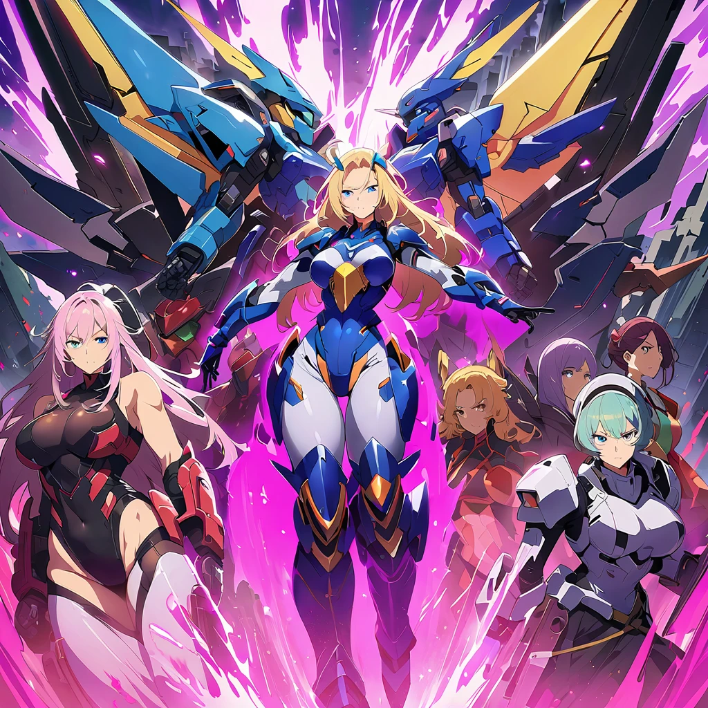 Anime, high detailed, multiple womans, mature womans, shiny-like mecha armor, large mechanical wings, large Gauntlet, serious, curvy body, long mechanical wings, mecha weapons、Colored armors、magenta Colored aura、BLUE Eyes, elongated pupils,  Mature Woman、magenta aura、womans surrounding, background a crumbled city