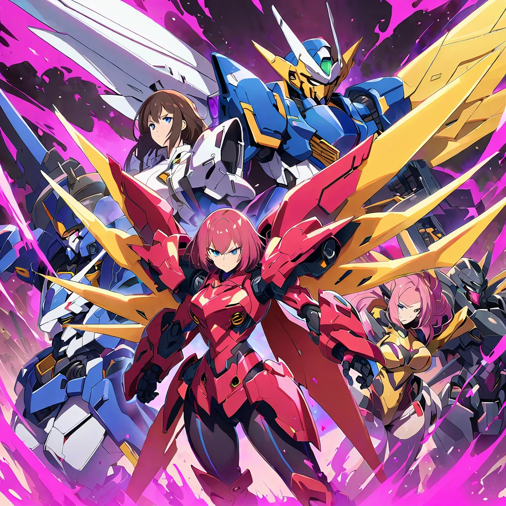 Anime, high detailed, multiple womans, mature womans, shiny-like mecha armor, large mechanical wings, large Gauntlet, serious, curvy body, long mechanical wings, mecha weapons、Colored armors、magenta Colored aura、BLUE Eyes, elongated pupils,  Mature Woman、magenta aura、womans surrounding, background a crumbled city