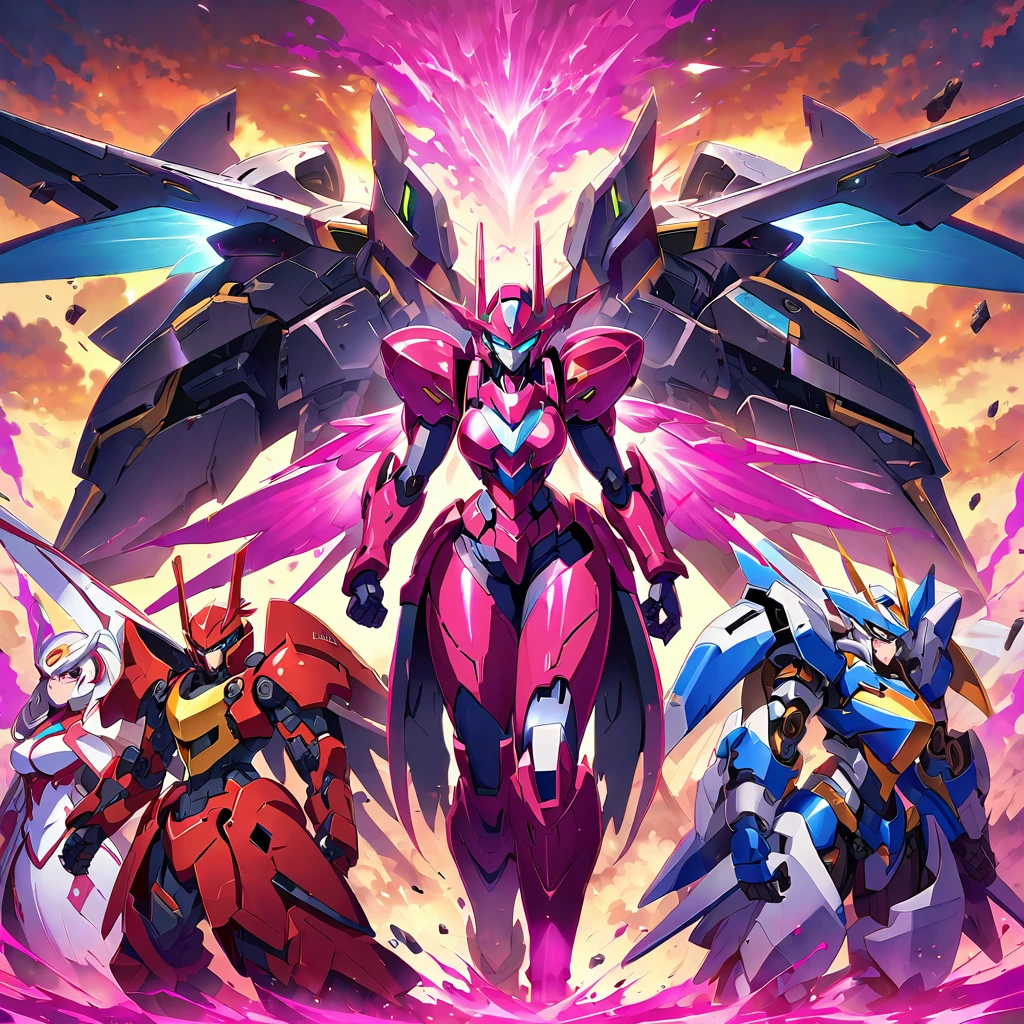 Anime, high detailed, multiple womans, mature womans, shiny-like mecha armor, large mechanical wings, large Gauntlet, serious, curvy body, long mechanical wings, mecha weapons、Colored armors、magenta Colored aura、BLUE Eyes, elongated pupils,  Mature Woman、magenta aura、womans surrounding, background a crumbled city