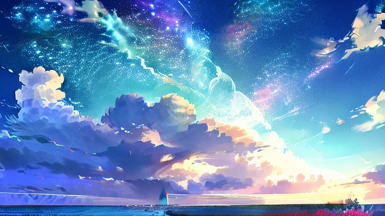 · Blue and purple sky · Light blue clouds · Light blue meteor shower · Pastel emerald green water surface · Top quality