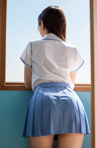 彼女は細身で痩せたスレンダーな日本の美女is。
Very small breasts、Small and flat chest、Small Ass、is。
 high school uniform 、White blouse、 navy blue pleated skirt、I&#39;m wearing white panties。
 The camera shoots vertically from directly below so that the skirt, butt, and white panties can be seen from her calves。
Panchira is filmed as her calves, white panties, and butt peek out from under her skirt 。