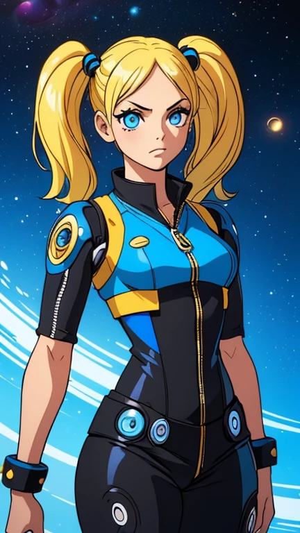 (Teens:1girl: Bubbles), (extremely detailed CG unit 8k wallpaper),(master part), (best quality), (ultra detail), (best illustration),(digital art), standing, neutral pose, cowboy shot, (Sharp eyeliner, ombre, detailed eyes:1), blue sky, a swirling black hole, its gravitational pull bending the stars, background , break , (wano style), upper body, (space pirate), (yellow-blonde hair, blue eyes, short twintails, pigtails), cybernetic enhancements