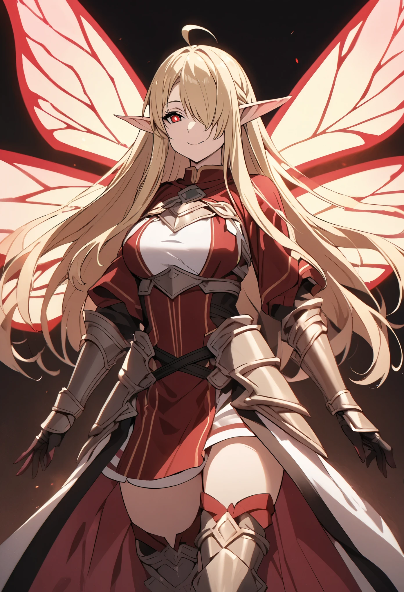 (high-quality, breathtaking),(expressive eyes, perfect face) 1girl, female, solo, mature, half open eyes, Alicization, Symmetrical Eyes, simple background, gentle smile, long hair, fantasy outfit, SAO inspired, maomao, armor, chest plate, sword art online outfit, cowboy shot, medium full shot, light blonde hair, bangs, alluring red eyes, large breasts, knight attire, Bicep-high Gauntlets, Armored Boots, Thigh-high Heeled Boots, Armored Gauntlets, Adventurer gear, Skirt, black white and pink color palette, black clothes, light pink accents on clothes, hair between eyes, fluffy hair, half open eyes, hair over one eye, small Ahoge, pale blonde hair color, bright red eye color, straight hair, (NO braids in hair), fantasy elf ears, (long elf ears), (symmetrical red and black fairy wings, ALfheim fairy wings, glowing wings)