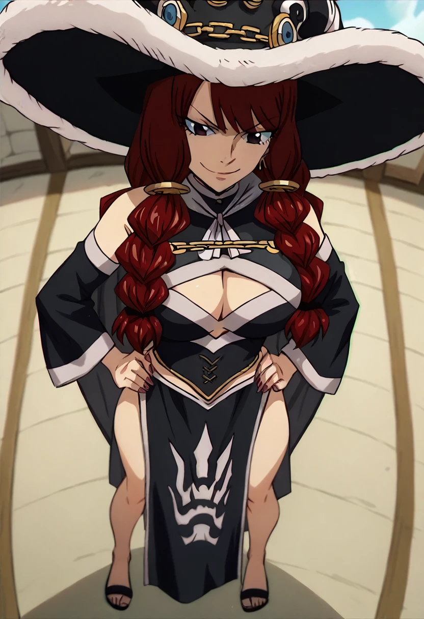 anime fairy tail, personaje Irene, cabello rojo con dos colas, pecho grande, trasero grande, Curvaceous Body, rostro hermoso o atractiva, vestimenta de una hechicera, un sombrero de hechicera, ojos hermosos, buena calidad, 4k. cuerpo de una mujer adulta, with good physique, atractiva con buena figura., calidad 4k. cuerpo o figura atractivo, mujer madura.