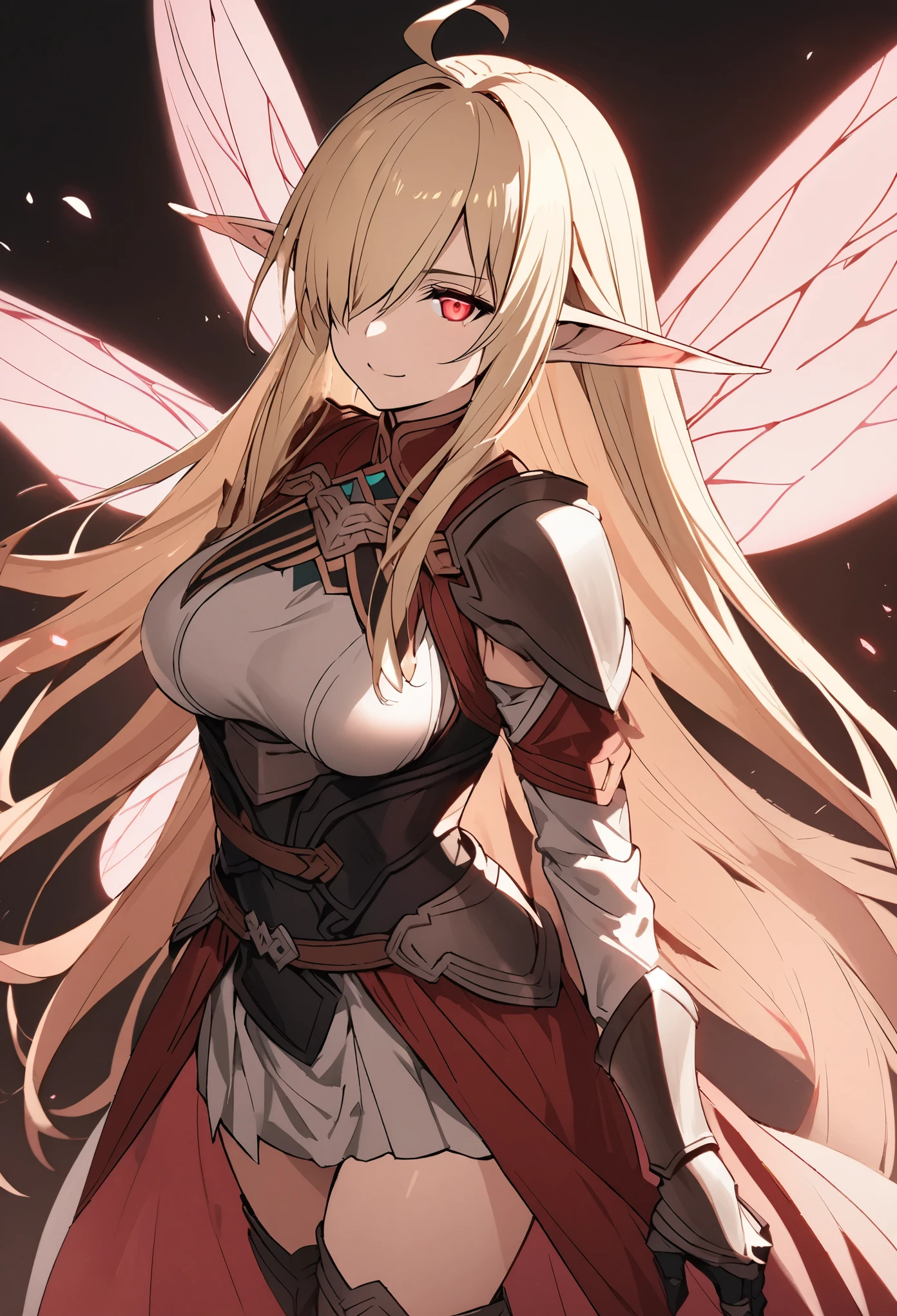 (high-quality, breathtaking),(expressive eyes, perfect face) 1girl, female, solo, mature, half open eyes, Alicization, Symmetrical Eyes, simple background, gentle smile, long hair, fantasy outfit, SAO inspired, maomao, armor, chest plate, sword art online outfit, cowboy shot, medium full shot, light blonde hair, bangs, alluring red eyes, large breasts, knight attire, Bicep-high Gauntlets, Armored Boots, Thigh-high Heeled Boots, Armored Gauntlets, Adventurer gear, Skirt, black white and pink color palette, black clothes, light pink accents on clothes, hair between eyes, fluffy hair, half open eyes, hair over one eye, small Ahoge, pale blonde hair color, bright red eye color, straight hair, (NO braids in hair), fantasy elf ears, (long elf ears), (symmetrical red and black fairy wings, ALfheim fairy wings, glowing wings)