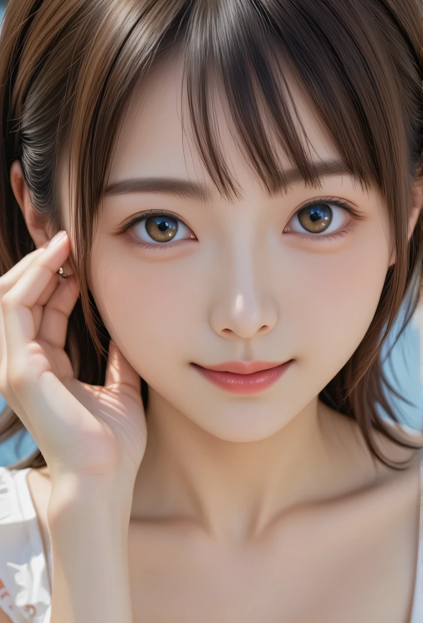 super cute face,(sparkling clear attractive large glowing eyes:1.3), ,(idol face:1.2),very beautiful cute girl, (baby face),exquisite smooth and silky hair,fair skin,happy cheerful smile,professional portrait