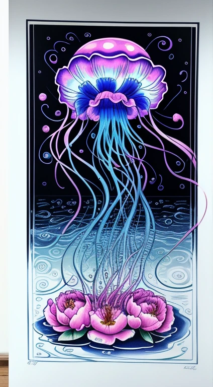 Jellyfish swimming in the ocean. Neo traditional style art. Hibiscus and peonies. Bold thick outlines. Bright colors. Vibrant blues. Perfect proportions.