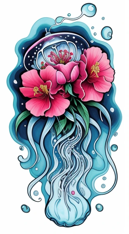 Jellyfish swimming in the ocean. Neo traditional style art. Hibiscus and peonies. Bold thick outlines. Bright colors. Vibrant blues. Perfect proportions.