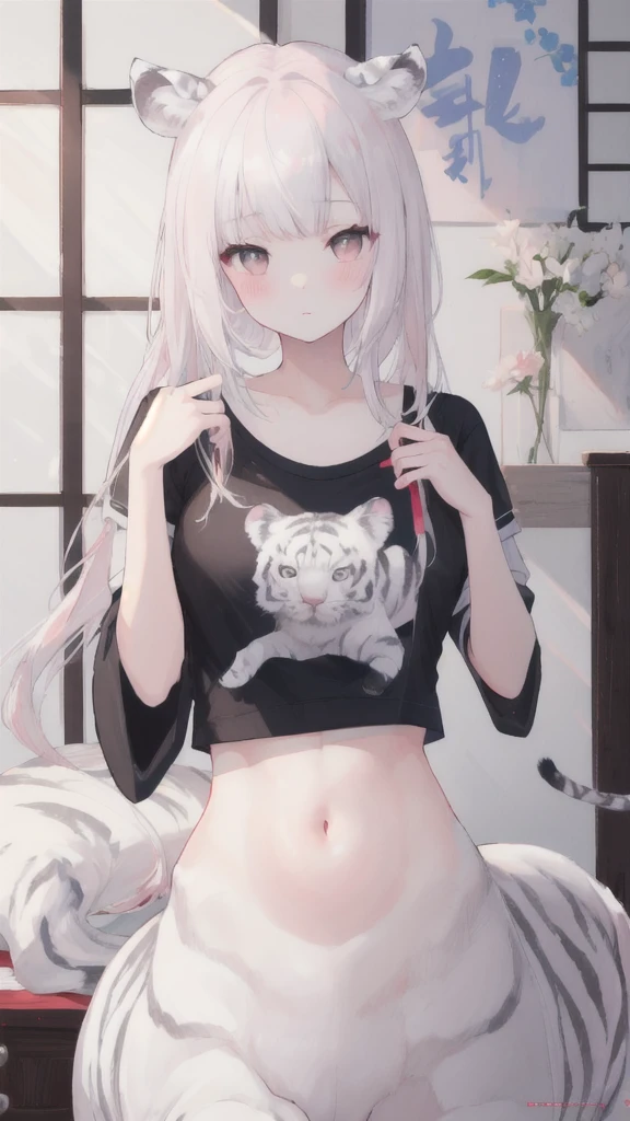 (best quality, masterpiece), 1 girl, centaur, It takes, Crying, belly button t-shirt, 아름다운 소녀 perfect white tiger photo, perfect white tiger photo