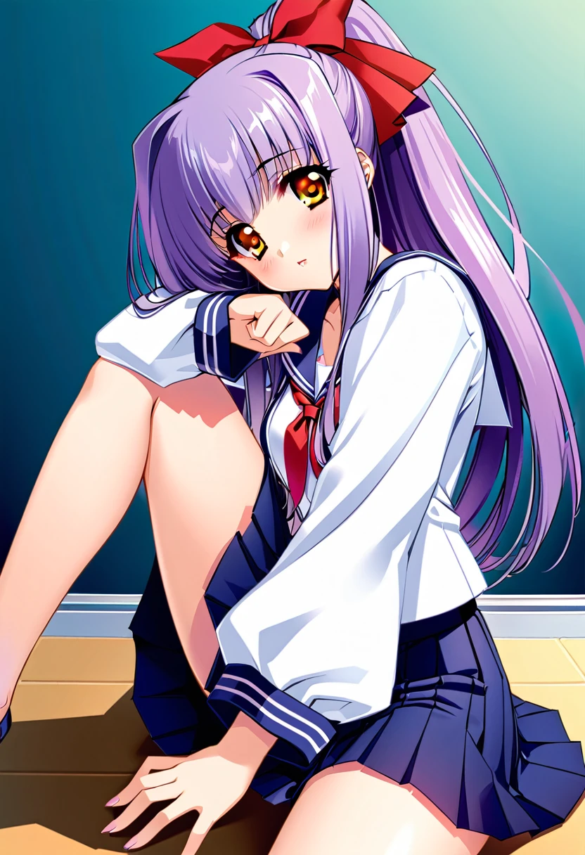 Suzuna Kuraki, 1 girl,Alone,、(Sailor suit、Navy Skirt)、Long Hair, ponytail,Red ribbon,(Purple Hair),,Orange Eyes,classroom:1.2、 sits on the floor、 open your legs wide、 cowboy shot、