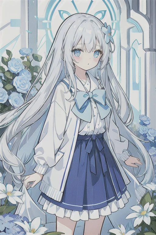 ・One girl with white hair、Very long hair, light blue left eye、The right eye has gray eyes, flower-shaped pupils, loose blouse, light blue cardigan, light blue skirt, gray ribbon on the collar, girl, cute, quiet, light blue flower field, holding light blue flowers, soft light light, top quality