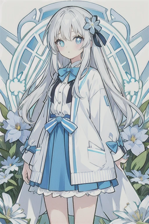 ・One girl with white hair、Very long hair, light blue left eye、The right eye has gray eyes, flower-shaped pupils, loose blouse, light blue cardigan, light blue skirt, gray ribbon on the collar, girl, cute, quiet, light blue flower field, holding light blue flowers, soft light light, top quality