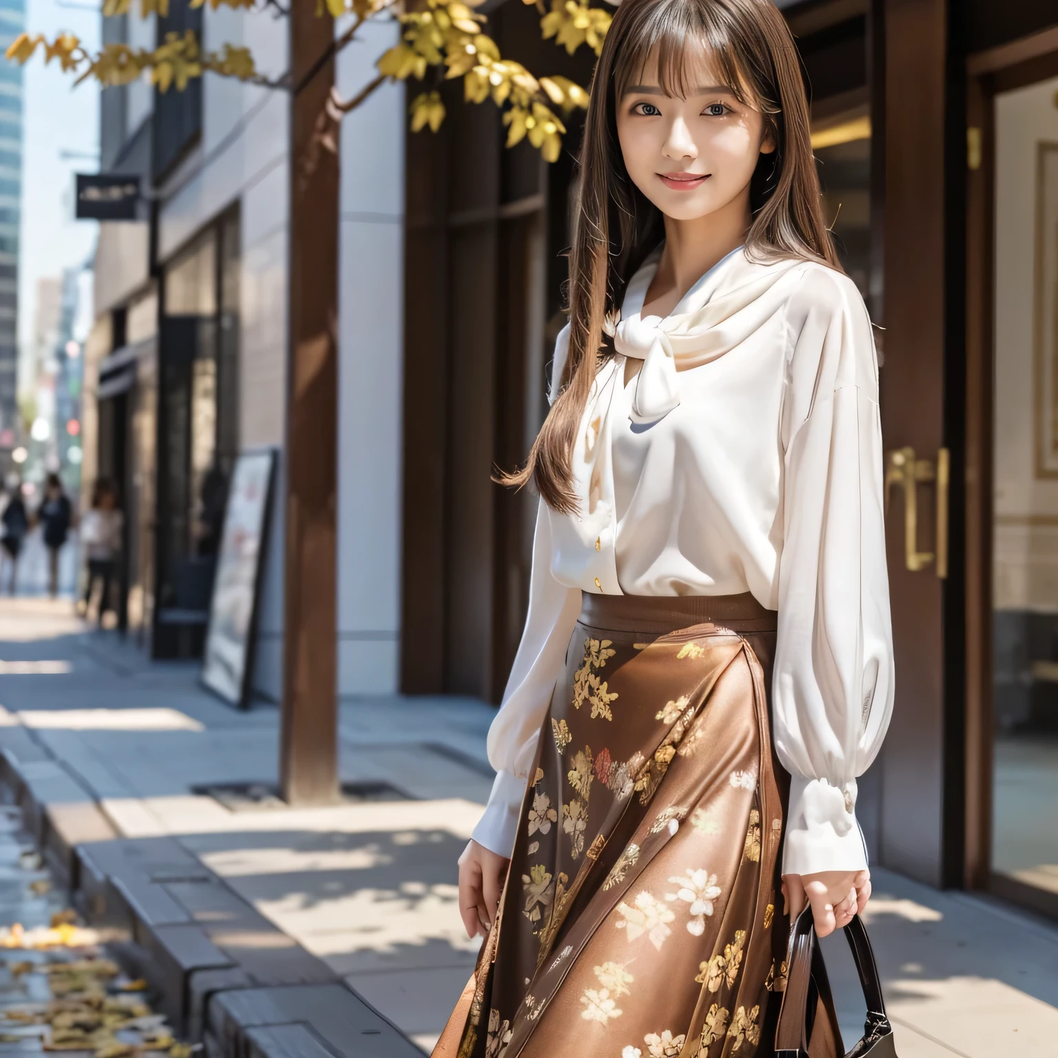 (Calm and gentle expression:1.0), (Full Body Shot:1.3), (panorama:1.0), Cinema Lighting, ((Best Quality)), (RAW Photos, Best Quality), ( Realistic:1.4), realism, masterpiece, so delicate and beautiful, very detailed, 4k wallpaper, wonderful, finely, very detailed CG unity 8k wallpaper, very detailed, High resolution, Soft Light, Japanese, (one shot:1.9), (22 years old:1.6), (Round face:1.2), (Fat:0.8), (A very neat woman, A very pure woman:1.5), Beautiful detailed woman,Famous Japanese actresses, Detailed face, finelyて美しい目, very detailedな目と顔, Beautiful eyes and a beautifully detailed nose, Ultra HD glossy lips, (Straight Hair:1.4), Shiny Hair, Shiny Hair, Brown Hair, (bangs:1.4), Toned body, (Smiling:1.4), Glossy and moisturized lips, natural makeup , (LET IT GO, white, Stylish long sleeve blouse:1.3), (LET IT GO, Small floral pattern, Dark Brown, Flared Skirt:1.3), (Long skirt:1.7), (pumps:1.4), (Hermes, silk elegant scarf :1.3), Accentuate your body lines, (Skyscraper district, Autumn City Background :1.5),