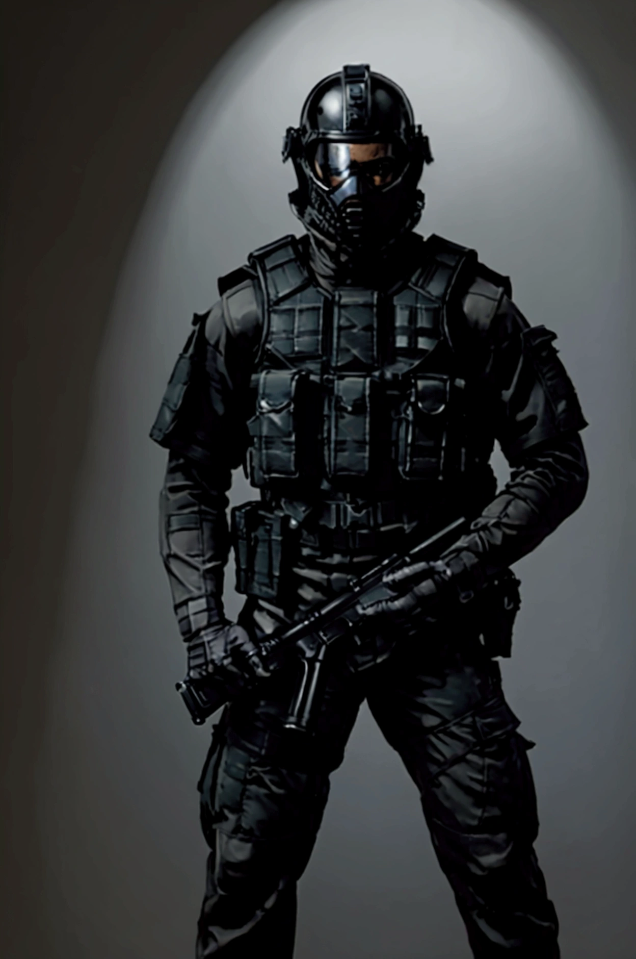 ((best quality)), ((masterpiece)), (detailed),  elite terrorist soldier with a Kevlar mask on top holding a black gun holding a Glock 19 pistol in his thigh holster,  oversized vest covering his entire body in a black uniform ; The vest bears the inscription HORZA and wears a helmet .