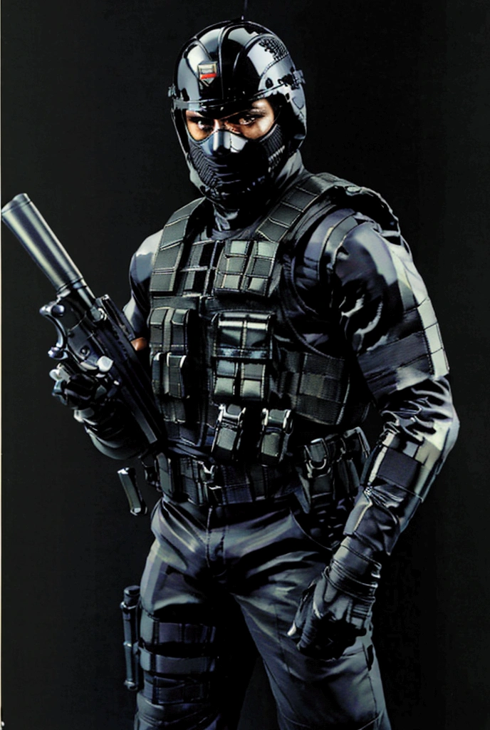 ((best quality)), ((masterpiece)), (detailed),  elite terrorist soldier with a Kevlar mask on top holding a black gun holding a Glock 19 pistol in his thigh holster,  oversized vest covering his entire body in a black uniform ; The vest bears the inscription HORZA and wears a helmet .