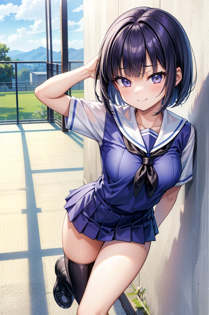 A woman wearing a sailor suit, Pleated skirt, Medium chest, Thighs glimpsed, Black Hair, Very short hair, Asymmetrical bangs, Perfect proportions, Skin with attention to detail, cute, Detailed face, At the top of the stairs, Sitting, (