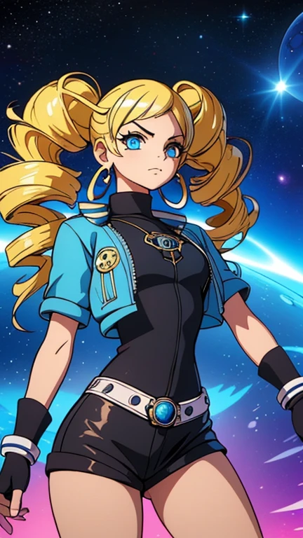 (Teens:1girl: ppgzbb), (extremely detailed CG unit 8k wallpaper),(master part), (best quality), (ultra detail), (best illustration),(digital art), standing, neutral pose, cowboy shot, (Sharp eyeliner, ombre, detailed eyes:1), blue sky, a swirling black hole, its gravitational pull bending the stars, background , break , (wano style), upper body, (space pirate), (blue eyes, blonde hair, twin drills, hairclip, earrings), cybernetic enhancements