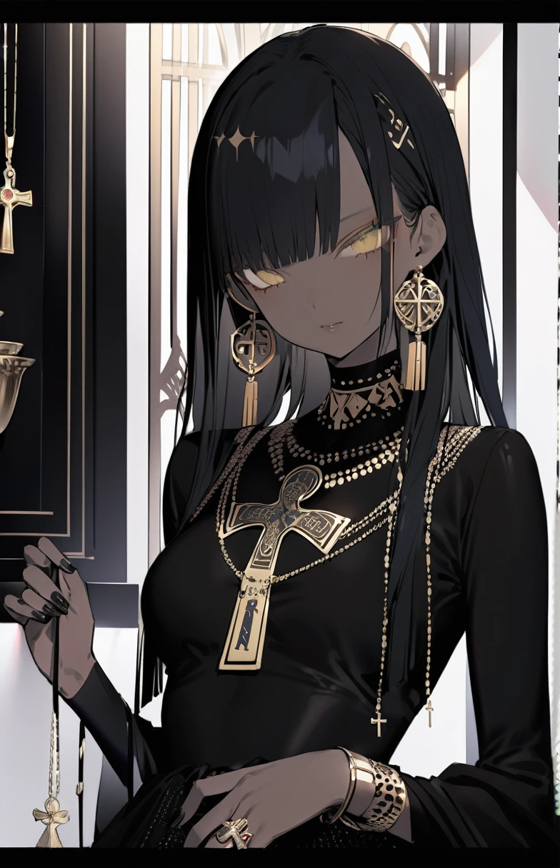 masterpiece, Best Quality, 1 girl, Alone,  jewelry , Dark Skin Tone, Black Hair, Earrings,   upper body, chest, Watch the audience, Long Hair,  dark-skinned woman, Ankh, bangs, cross, Black Nail, Yellow Eyes, necklace, nail, Mouth closed,  black dress, blunt bangs, dress, Clevis, nail polish, Long sleeve 
////////, 