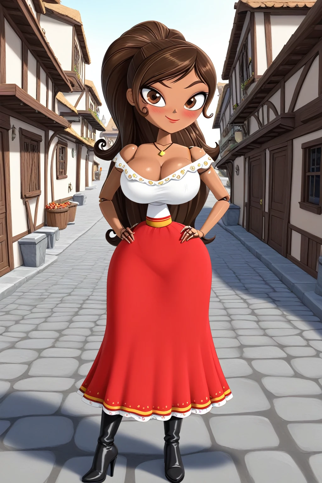 1girl, long hair, ponytail, joints, dark skin, Brown Hair, village, day, embarrassed face, smile, super blushing, Big breasts, dark skin, solo, 1 girl, looking at viwer, front view, standing, wood skin, necklace, cleavage, bare shoulders, off shoulder, white blouse, red skirt, Long skirt, black boots heels, Brown skin, pov front view, front view, sexy body, shushing, front view, pov front view, dark areole, One breast out of dress