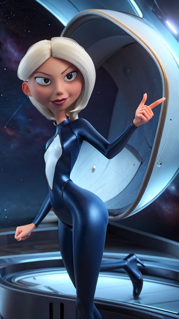 Woman wearing a blue wet suit . She has a seductive expression with a smirk. Eyes leave a sense of seduction to them.She is floating in space she as if she was standing stiff with her feet pointing downward. OThe is sharp jagged space debris floating around. She is in front of a wrecked star ship 