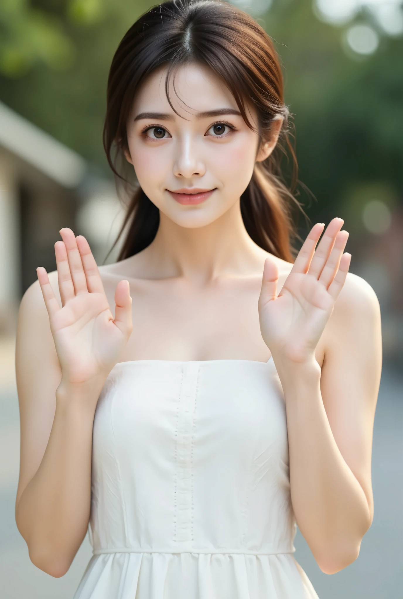 A close-up photo of an East-Asian slender woman ((with her hair tied in a ponytail))) and smiling, wearing a white summer dress, and her both hands waving in fornt of the camera