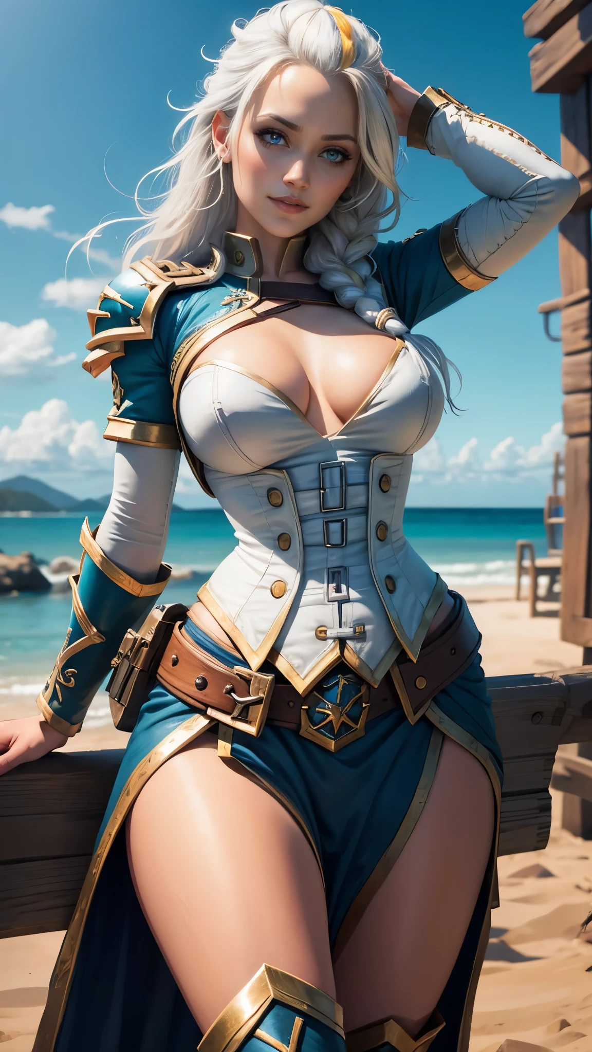 Jaina Proudmoore da warcraft,(best quality, 4K,8k,high resolution,work of art:1.2)(weather: sunrise), treasure island background, pirate ship, wide hips, long curly hair, braided hair, white hair, long sleeve shirt, long pirate skirt, lycra pants, pirate corset, thigh high boots, elbow gloves, light makeup, dark eyeshadow, flirting pose, ultra detailed,portrait,realistic,beautiful detailed blue eyes, beautiful detailed lips,extremely detailed eye and face, long eyelashes,average, large breasts,flying hair,beaming smile, sexy smile, powerful girl, bright coloured, dramatic lighting, magic sparkles,