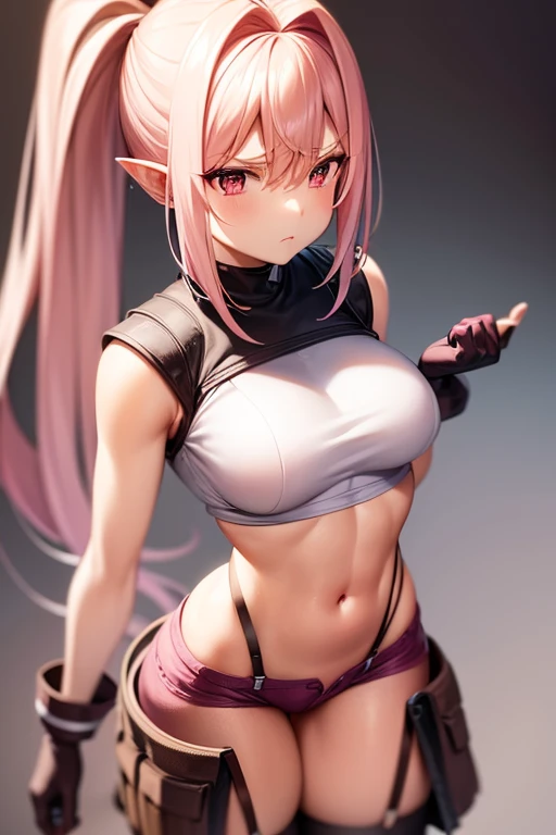 Pink hair, large breasts, small waist, gloves, white cut off shirt, black undershirt, pink shorts, small waist, thighs, messy ponytail, brown eyes, serious expression 