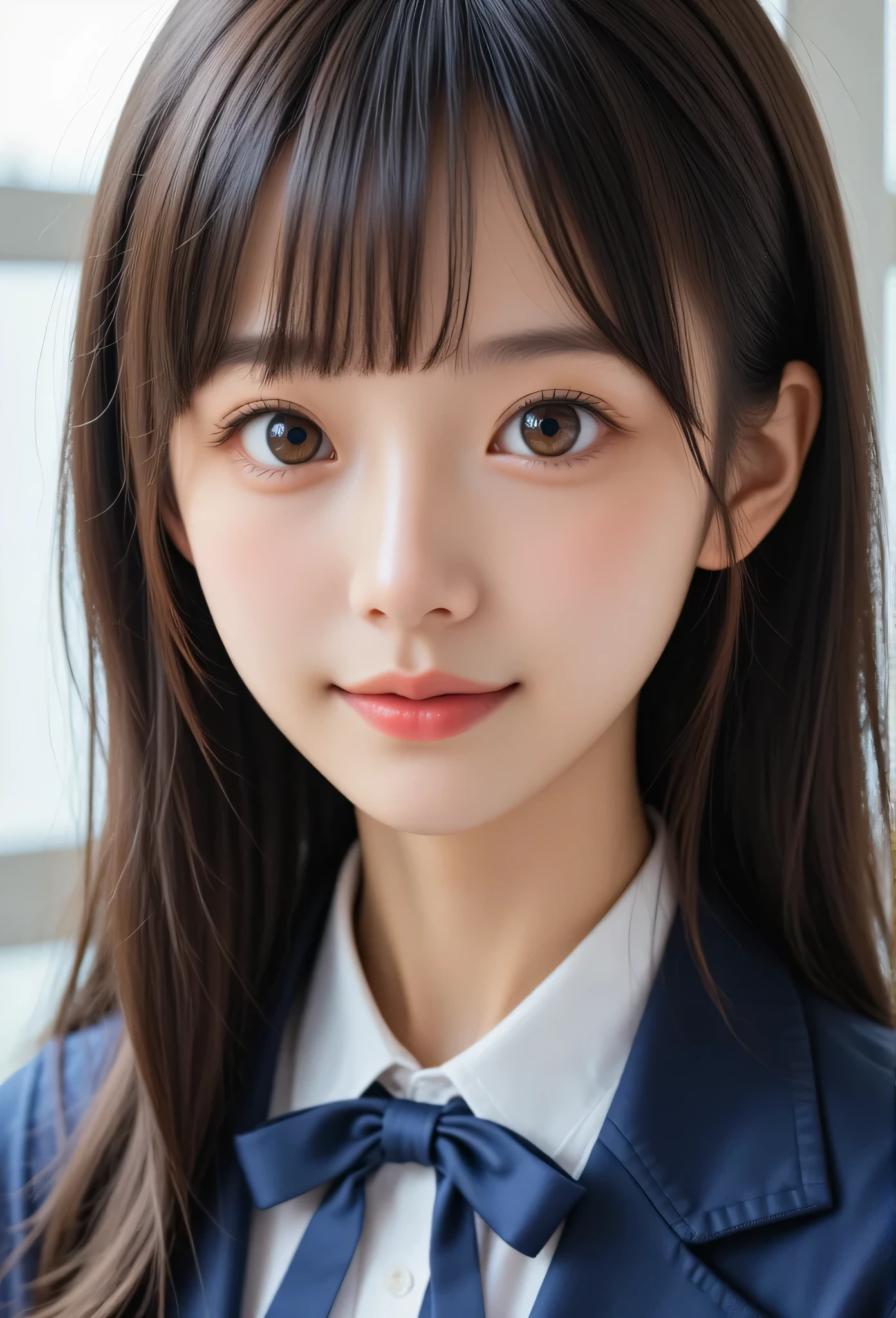 super cute face,(sparkling clear attractive large glowing eyes:1.3), ,(idol face:1.2),very beautiful cute girl, (baby face),exquisite smooth and silky hair,fair skin,happy cheerful smile,professional portrait,dark blue blazer high-school uniform,blue ribbon bow tie,cutez