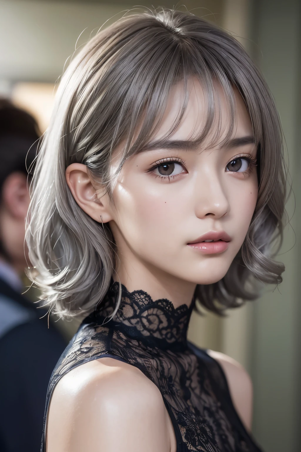 ((wallpaper 8k)), ((surreal)), ((Quality with attention to detail:1.2)), 1 girl, １４talent、kind eyes、plump lips、Ash gray hair、An ennui look、(((small breasts、small breasts、??????:1.1、??????)))、black classy dress,Black capelet, look up, Widespread poverty, short cut hair、short hair twintails、Ash gray hair:1.5、white skin、