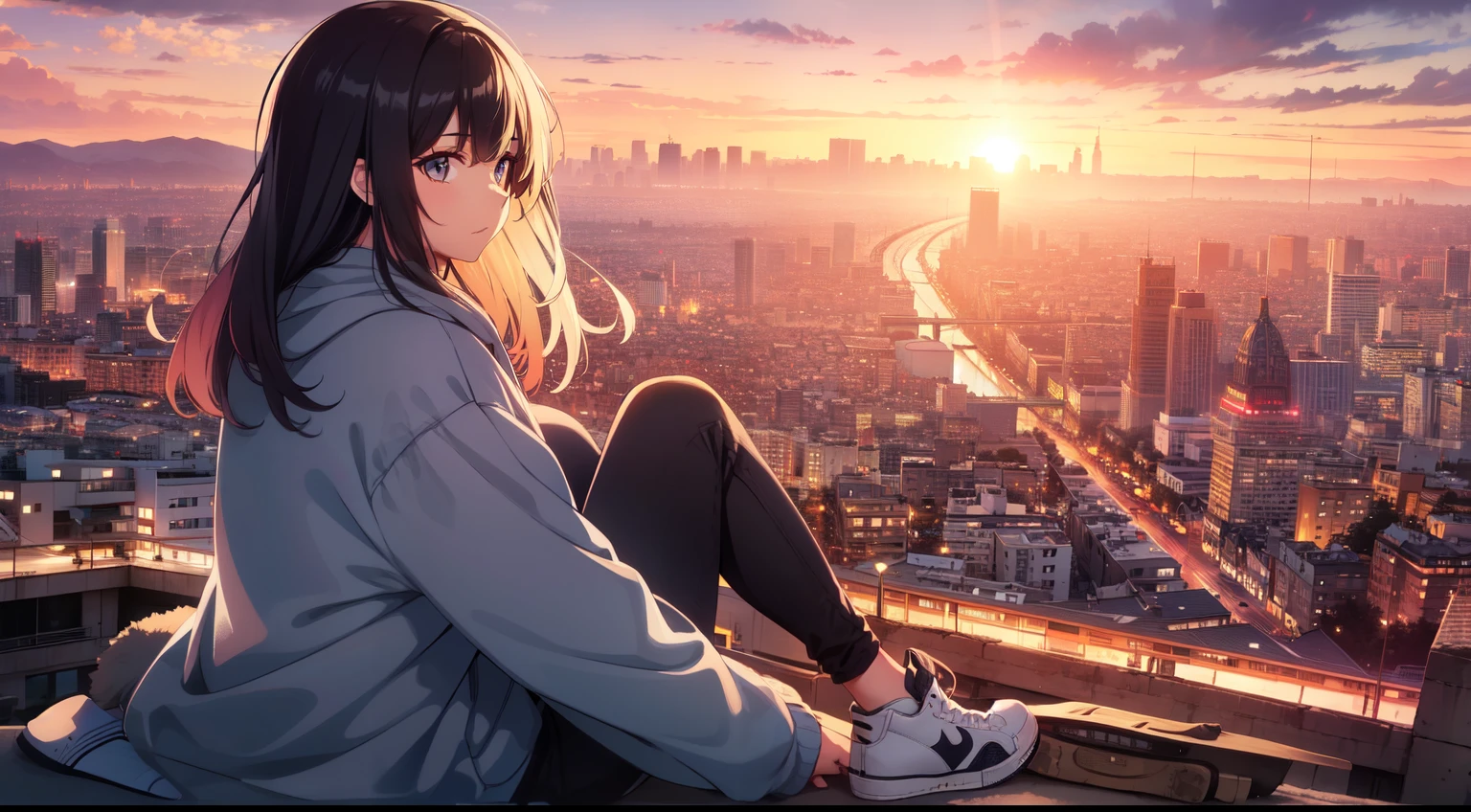 Um jovem com,Use uma jaqueta jeans,Wear sneakers,Com um colar,wristwatch,Sit on a wooden bench by the roadside,Look at the clouds in the sky,Transporte de pedestres,Sunset and Sunset,Foto de corpo inteiro em close,ultra high definition