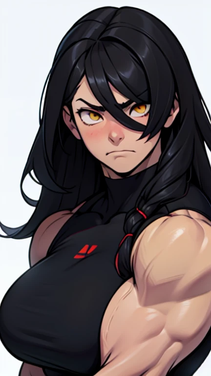 1 girl bodybuilder huge tits black hair yellow eyes very long hair pale skin angry