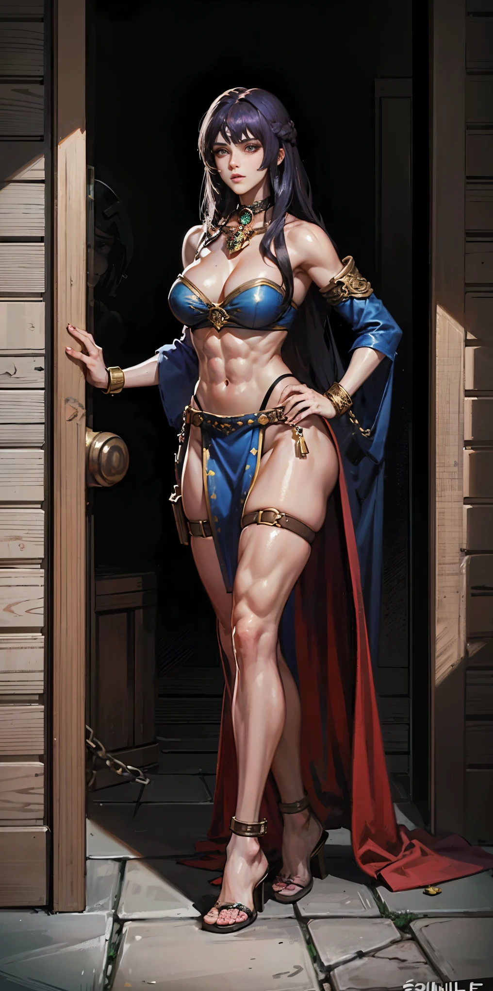 full body toe to head, masterpiece, 1soloMILF BIMBO standing loincloth pose hands on hips, leather collar choker neck bell shackles wristbands bracers bracelets sleeves and stockings, strong body, abs, shiny skin (masterpiece, best quality) 1girlsolo wearing 40K Warhammer sisters of battle whsororitas (plain background)