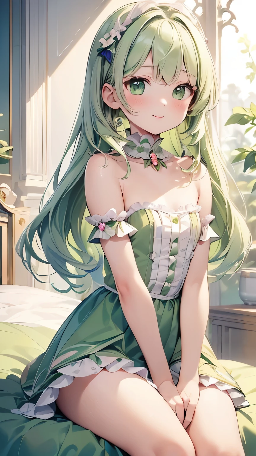 masutepiece, Best Quality, 1girl in, (C.C),Green head hair, (Green eye:1.2),((weddingdress))、((robe blanche))、length hair、((embarassed expression))、((Bedroom))、((long boots))、((a miniskirt))、((pantyhose))、