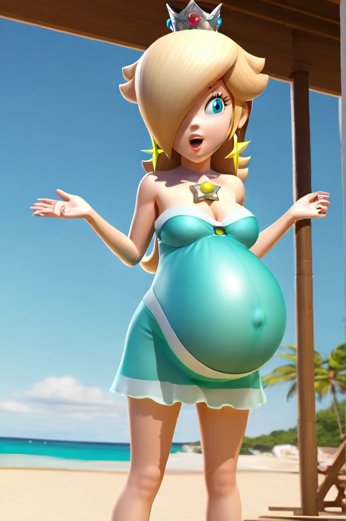 score_9, score_8_up, 1girl, solo, rosalina, style parody, thick outlines, bikini, Maternity dress, panties, pregnant belly, big belly, sleeveless, strapless, cleavage, indoors, beach, happy, showing his belly,