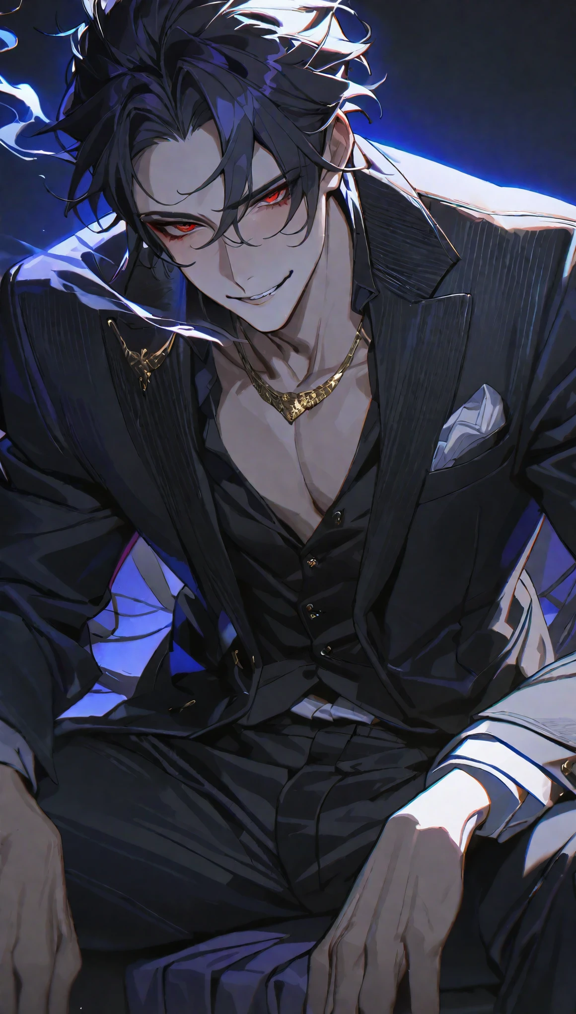 Male, masculine, Entj, open shirt, manipulative, light yagami, black hair, accessories, confident, calculating, smart, skulls, skull aesthetic, sophisticated, dominant, skulls accessories, gothic, death note, profile picture, portrait, icon, many accessories, royal, sadistic